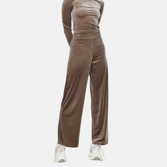Topshop US‎ 4 6 UK Small S Taupe Velour Velvet Wide Leg High Rise Pull On Pants - Picture 2 of 8